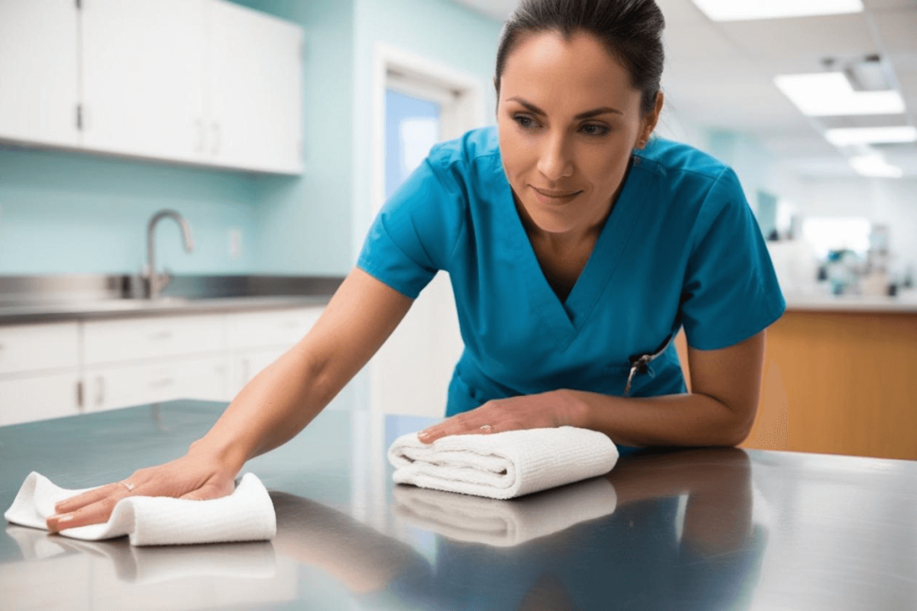 Vet nurse performing infection control routine