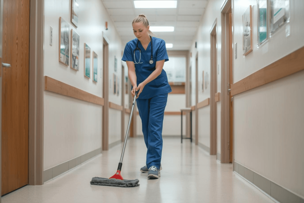 Vet nurse using Safe4 disinfectant that is APVMA certified